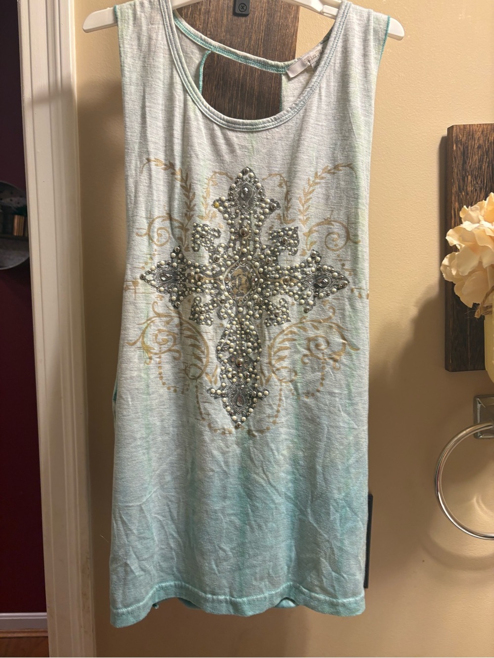 Miss Me Light Aqua Tank with Teal Open Back Top